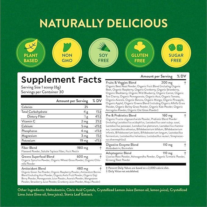 360 Nutrition Blends with Benefits Super Greens Powder w/Probiotics, Digestive Enzymes, Sugar & Gluten Free, Plant Based Superfood Drink Mix for Gut Health, Bloating, Immunity, Overall Health, 6.35 oz