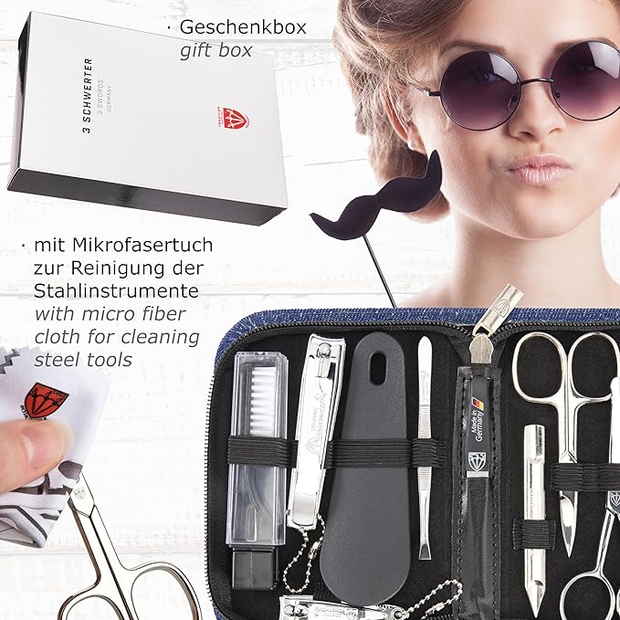 3 Swords Germany – brand quality 10 piece manicure pedicure grooming kit set for professional finger & toe nail care tweezers file clipper fashion leather case in gift box, Made by 3 Swords (7797)