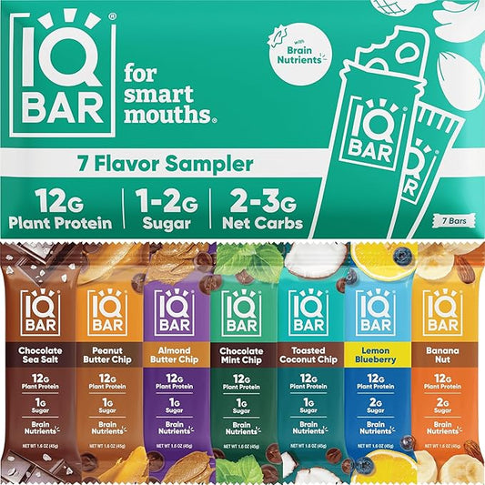 IQBAR Brain and Body Plant Protein Bars - 7 Bar Sampler Variety Pack - Keto, Vegan, Low Carb, High Fiber, Gluten Free, Dairy Free, Low Sugar Snack with Nutrients for Focus, Energy and Meal Replacement