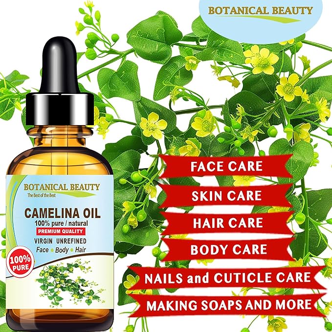 Botanical Beauty CAMELINA OIL 100% Pure Natural VIRGIN UNREFINED Cold-Pressed Carrier Oil 1 Fl oz 30 ml for Face, Skin, Body, Hair, Lip, Nails. Rich in Vitamin E, Omega 3
