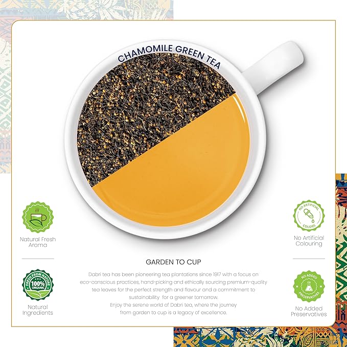 Dabri Chamomile Green Tea Bags | 16 Pyramid Bags | Calming Herbal Wellness Tea with Whole Leaf Green Tea & Natural Chamomile Flowers | Soothing Bedtime Tisane