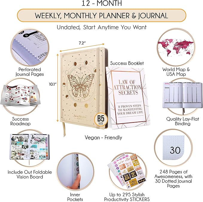 Law of Attraction Planner – Undated Hourly, Weekly & Monthly Goal Setting Planner, 12-Month to Increase Productivity | Life & Gratitude Journal, Include Foldable Vision Board, Gift Box & Stickers