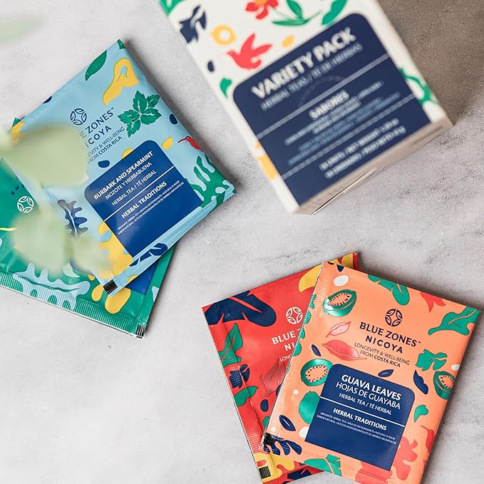 Blue Zones Nicoya - Variety Pack of 5 Lippia Alba & Hibiscus, 5 Chan & Lemongrass, 4 Burbark & Spearmint, 4 Guava Leaves Tea Bags - 100% Natural, Organic, and Refreshing - High Micronutrients - Gluten, Caffeine, Sugar-Free - Pack of 18 (1.59 oz/ 45 g)