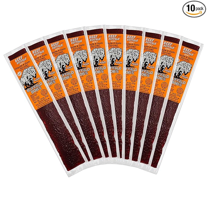 Buffalo Bob's Wild Game Meat Snack - Beef and Buffalo Chipotle & Garlic Jerky 10 Pack