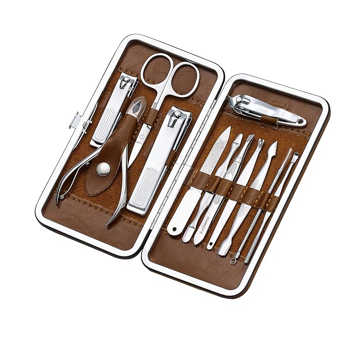 FAMILIFE Manicure Set, Professional Nail Kit Nail Clipper Set, 12PCS Stainless Steel Manicure Kit, with Brown Leather Travel Case Luxury Gifts for Him