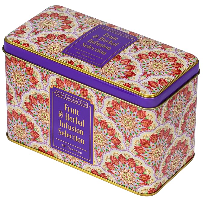 New English Teas Fruit and Herbal Tea in Tin with 40 Teabags - Rosehip & Hibiscus, Peppermint, Chamomile & Black Tea with Lemon & Ginger