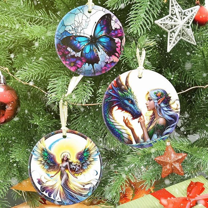 Elf & Dragon 3.5 Inch Ceramic Christmas Hanging Ornament - Tree Decoration & Gift for Christmas & Holiday Present Exchange