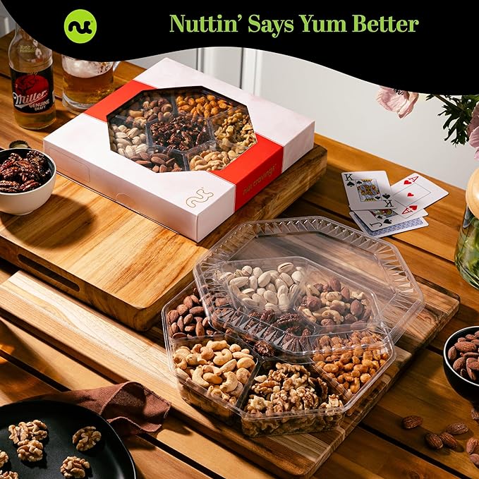 NUT CRAVINGS - Diwali Sweets Hamper Mixed Nuts Gift Basket in Red Gold Box (7 Assortments, 1 LB) Food Arrangement, Healthy Snack Care Package, Food Assortments