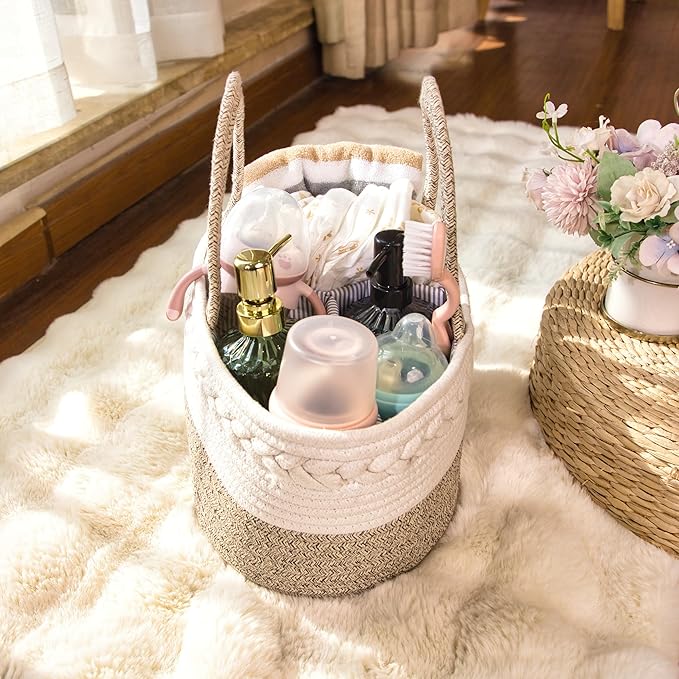 Baby Diaper Caddy Girl Boy Organizer Small Woven Baskets With Handle, Cotton Rope Tote For Shower Nursery, Decorative Small Storage Baskets For Shelves,Unique Gift Baby