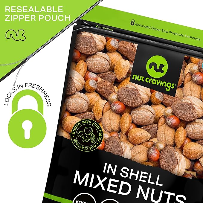 NUT CRAVINGS - Mixed Nuts (In Shell) Brazil, Walnuts, Filberts, Almonds, Pecans (16oz - 1 LB) Packed Fresh in Resealable Bag - Healthy Snack, Food Assortments