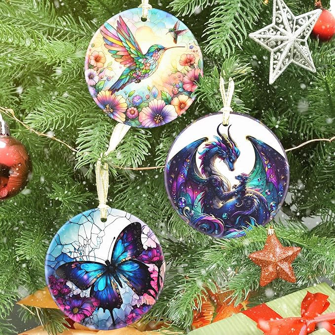 Dragon Ceramic Christmas Ornament, 3.5 Inch Hanging Decor for Tree, Gift Exchange Present