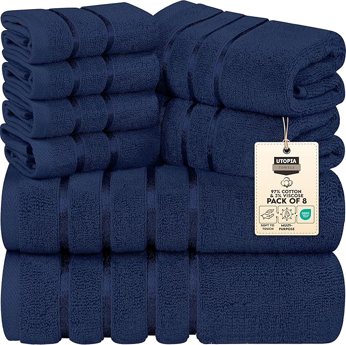 Utopia Towels 8 Piece Luxury Towel Set, 2 Bath, 2 Hand, and 4 Wash Cloths, 600 GSM Ring Spun Cotton, Highly Absorbent Viscose Stripe Towels, Ideal for Everyday use, Navy