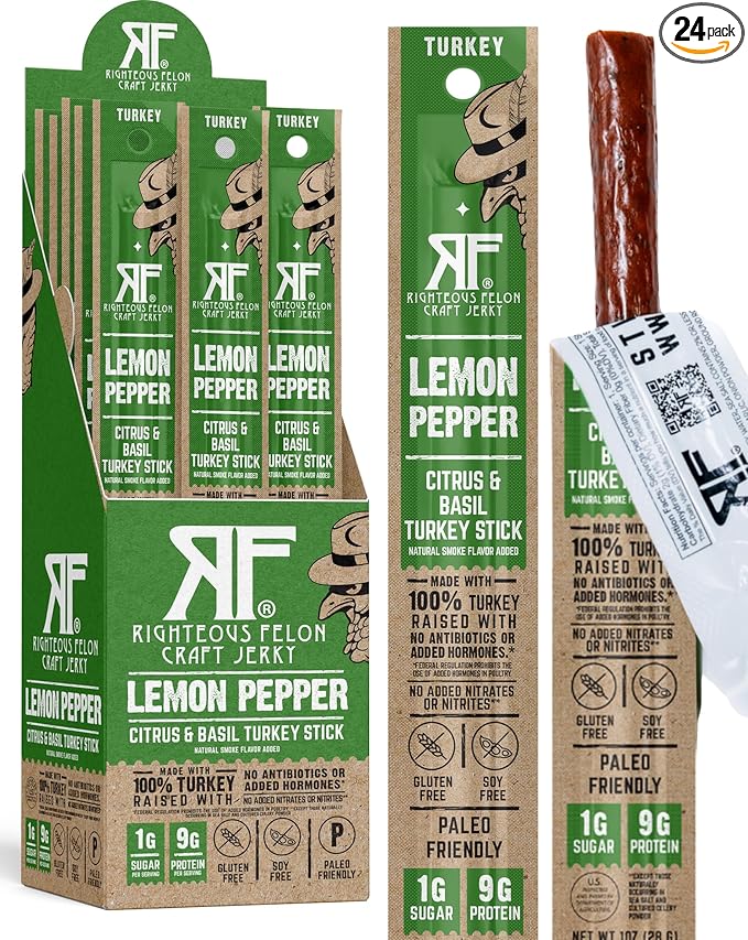 Righteous Felon Meat Sticks | 100% Turkey Sticks | Gluten Free & Keto Meat Sticks | Low Sugar & High Protein Turkey Sticks | Healthy Snack for Adults | Jerky Gifts for Men | Lemon Pepper, 24 Pack