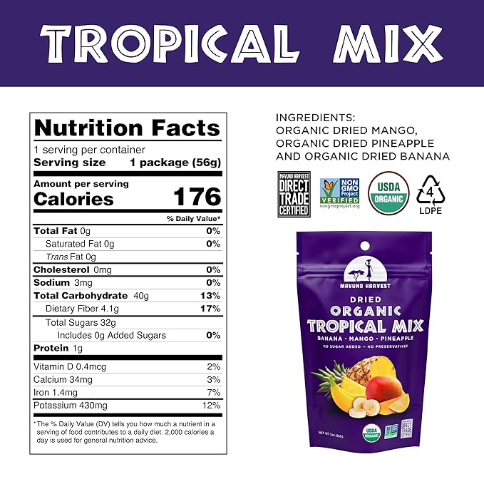 Mavuno Harvest Tropical Mix Dried Fruit Snack | Unsweetened Organic Mixed Dried Fruit | Gluten Free Healthy Snacks for Kids and Adults | No Sugar Added, Vegan, Non GMO | 2 Ounce, Pack of 3