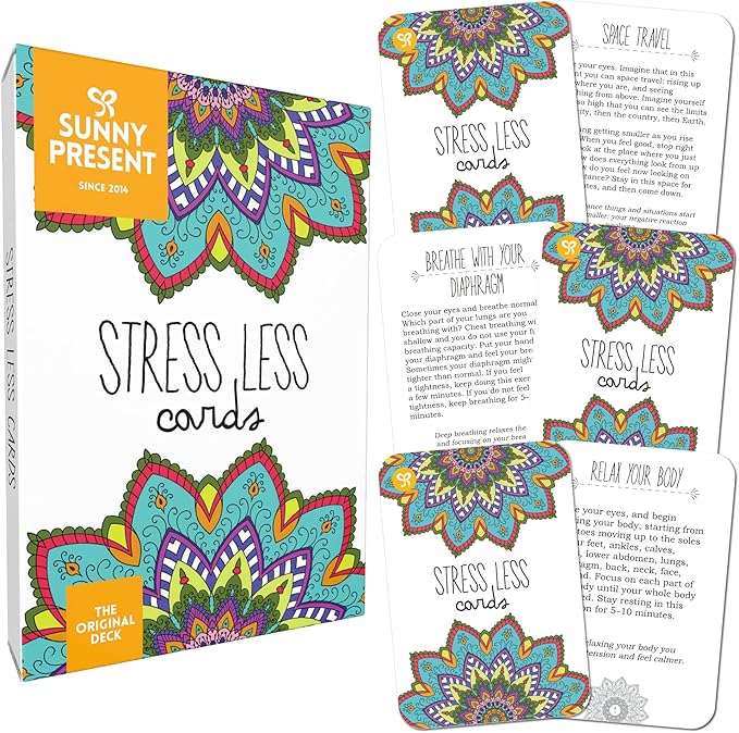 Sunny Present Stress Less Cards - 50 Mindfulness & Meditation Exercises - Self Care Cards That Helps Relieve Stress and Anxiety - The Original Deck