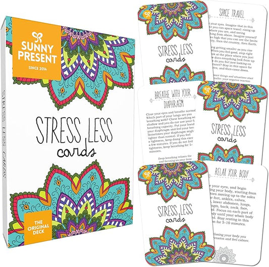 Sunny Present Stress Less Cards - 50 Mindfulness & Meditation Exercises - Self Care Cards That Helps Relieve Stress and Anxiety - The Original Deck