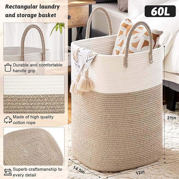 Laundry Basket,Woven Cotton Rope Laundry Hamper,Versatile Storage for Dirty Clothes,Baby Toys,and Blankets in Bathroom, Nursery,and Living Room (Brown, 60L)