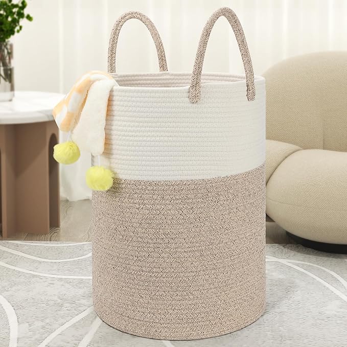 58L Cotton Rope Laundry Basket (20"x15"), Woven Storage Basket for Laundry, Living Room, Nursery, Bedroom, Blankets (White/Brow)