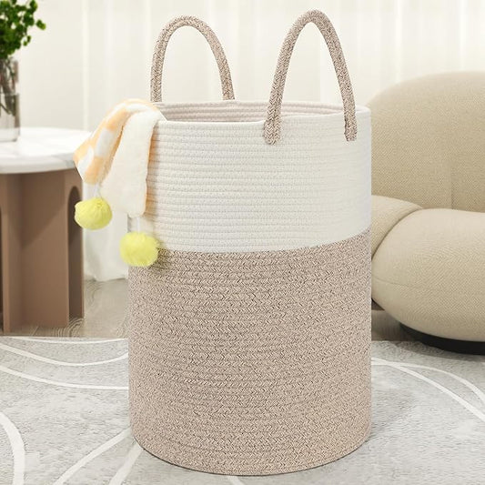 58L Cotton Rope Laundry Basket (20"x15"), Woven Storage Basket for Laundry, Living Room, Nursery, Bedroom, Blankets (White/Brow)