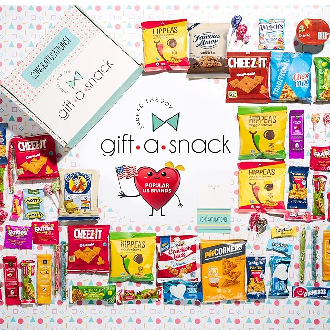 Gift A Snack - Congratulations Snack Box Variety Pack Care Package + Greeting Card (45 Count) Graduation Sweet Treats Gift Basket, Candies Chips Crackers Bars - Food Assortments