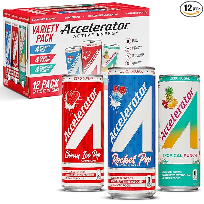 Accelerator Energy Drink Sugar Free, Variety Pack 12oz can(12 pack), Zero Sugar Energy Drinks with Sustained Energy from 100% Natural Caffeine (200mg) & Green Tea extract