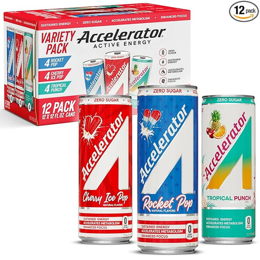 Accelerator Energy Drink Sugar Free, Variety Pack 12oz can(12 pack), Zero Sugar Energy Drinks with Sustained Energy from 100% Natural Caffeine (200mg) & Green Tea extract
