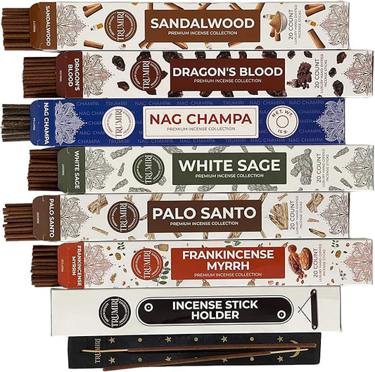 Classic Incense Sticks - Total 120 Insence-Sticks (20 Insense x 6 Inscents) - Inciensos Aromaticos Para La Casa Incents with Nag Champa Sage Palo Santo Frankincense Sandalwood Inscents-Sticks + Holder