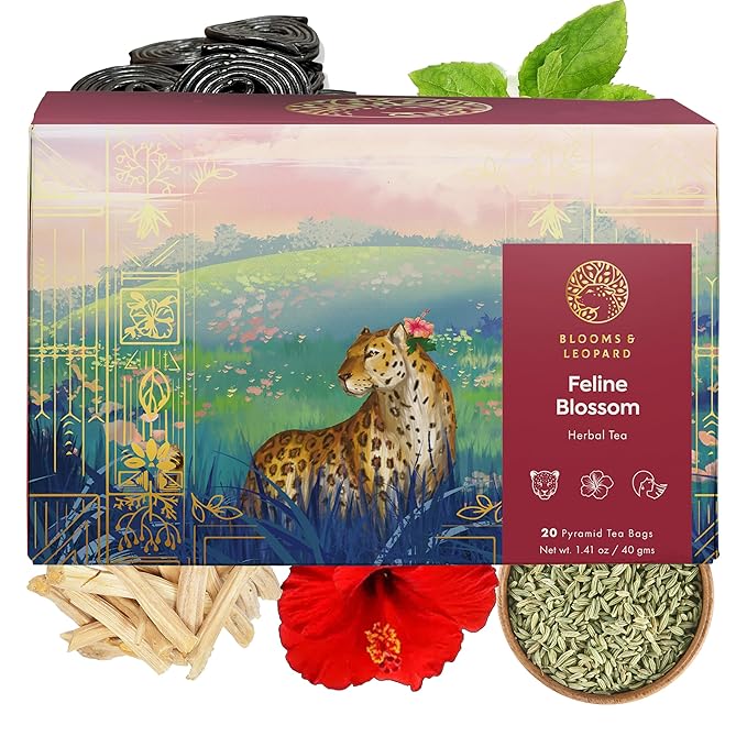 Blooms & Leopard Premium Herbal Tea Bags – Feline Blossom Blend with Hibiscus, Licorice, Fennel, Tulsi & Shatavari – Caffeine-Free Tea – 20 Pyramid Tea Bags, Caffeine-Free for Hot or Iced Tea