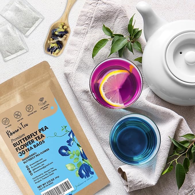 KHWAN'S TEA - Butterfly Pea Flower Tea Bags, Blue Herbal Tea Caffeine Free Natural Coloring, Sourced from Thailand