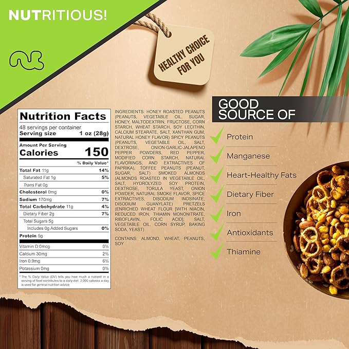 NUT CRAVINGS - Party Bar Nut Mix, Sweet & Savory Pub Snack - Smoked Almonds, Pretzels, Toffee Peanuts, Spicy, Honey Roasted Peanut (48oz - 3 LB) Packed Fresh in Resealable Bag - Food Assortments