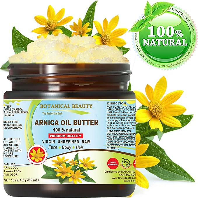 Botanical Beauty ARNICA OIL BUTTER Arnica Montana in Shea Butter 100% Natural for FACE, SKIN, BODY, HAIR, NAILS Skin Moisturizer Oil Butter, Skin Nourishing Oil Butter (16 Fl Oz)