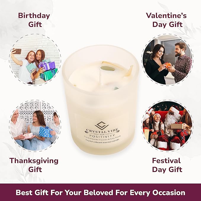 Crystal Vibe Verbena Scented Candle with Green Fluorite Crystals and Lily Petals for Home Decor - Crystal Candle for Positivity - Aromatherapy Candles - Gifts for Christams Birthdays