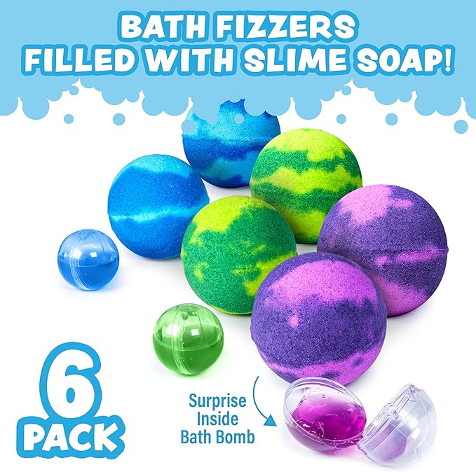 Tub Works Super Goo Bath Slime 'Surprise' Bombs, 6 Pack | Kids Bath Bombs With Surprise Inside | Nontoxic | Stretchy, Squishy Slime Soap | Sensory Fun for Kids