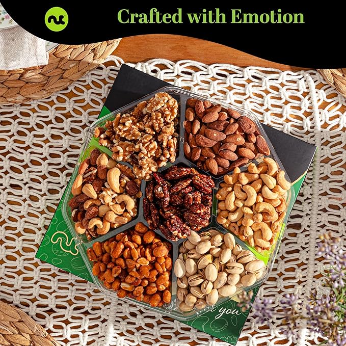 NUT CRAVINGS - Diwali Sweets Hamper Mixed Nuts Gift Basket in Green Gold Box (7 Assortments, 2 LB) Food Arrangement, Healthy Snack Care Package, Food Assortments