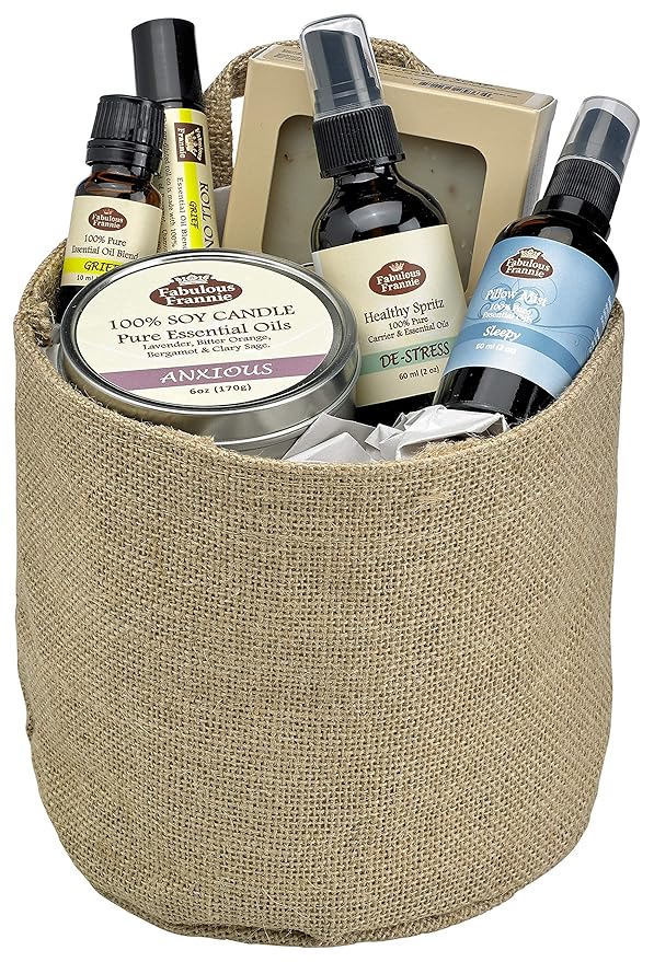 Fabulous Frannie All Natural Grief Gift Basket includes 6oz Candle, 4oz Herbal Soap, 2oz Massage Spray, 2oz Pillow Spray, 10ml Roll-On, and 10ml Pure Essential Oil.
