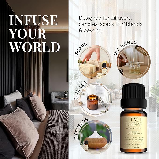 Bougie 540 Diffuser Oil – Premium Fragrance Oil with Radiant Amber & Jasmine Notes – Elegant Aroma for Cold Air Diffusers, Home, Office, Candle Making, Pet Friendly, 10ml Glass Bottle