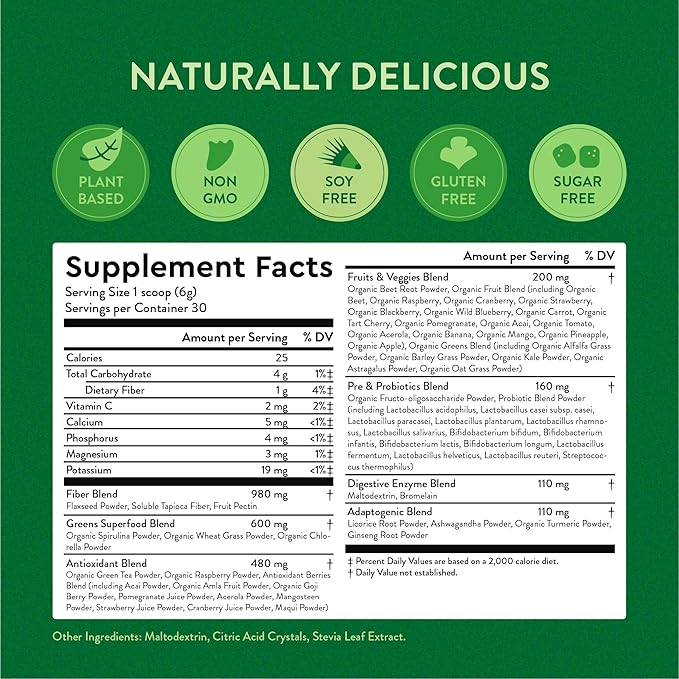 360 Nutrition Super Greens Powder with Probiotics & Digestive Enzymes, Sugar & Gluten Free, Plant-Based Superfood for Gut Health, Immunity - 6.35 oz