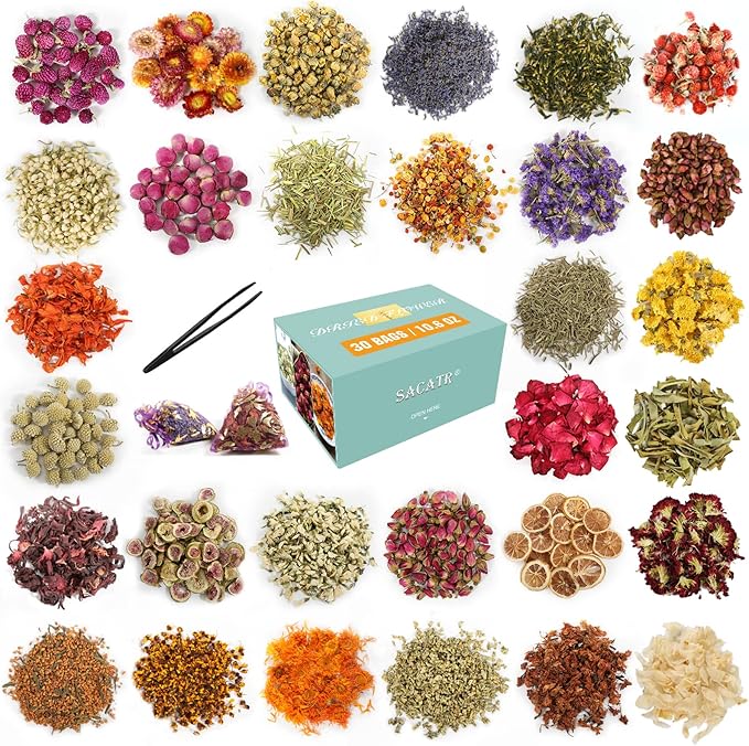 30 Bags Dried Flowers,100% Natural Dried Flowers Herbs Kit for Soap Making, DIY Candle Making,Bath - Include Rose Petals,Lavender,Don't Forget Me,Lilium,Jasmine,Rosebudsand More