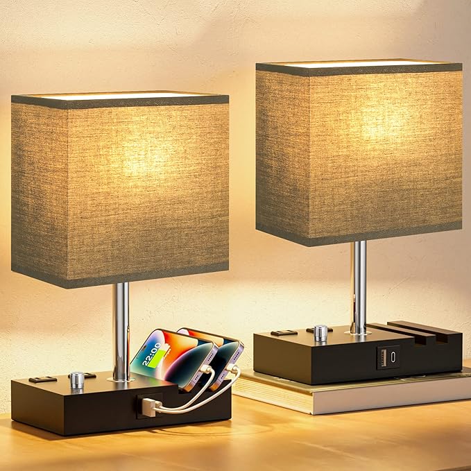 Fully Dimmable Bedside Lamps for Bedroom with USB C Ports, Kakanuo Black USB Table Lamp Set of 2, Wooden Desk Lamp with 2 Charging Outlets and Phone Stand for Nightstand and Living Room, Bulb Included