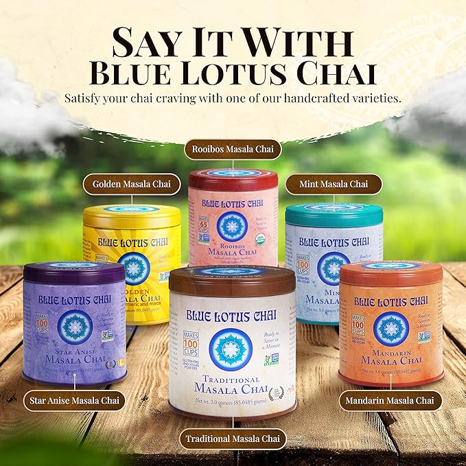 Blue Lotus Chai Tea - Traditional Masala Chai - Makes 100 Cups - 3 Ounce Masala Spiced Chai Powder with Organic Spices - Instant Indian Tea No Steeping - No Gluten