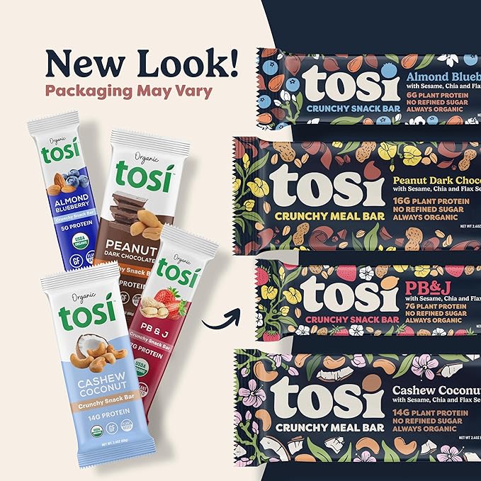 Tosi Cashew Coconut Protein Bars - Crunchy Nut & Seed Vegan Snack Bars, Gluten Free, 6g Plant Based Protein, Organic Flax, Chia, Sesame Seeds, Omega 3s, Low in Sugar, Dairy Free, No Soy - 1 oz 12-Pack