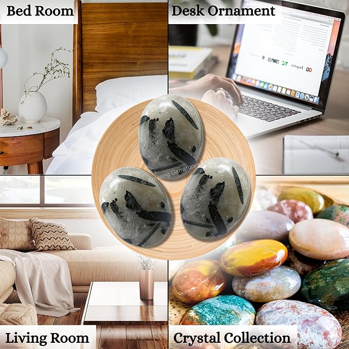 Amazing Gemstone Black Rutilated Quartz Crystals and Healing Stones - Large Palm Stone Crystals Piedra - Crystal for Good Luck, Positive Energy, Meditation - Unique Stocking Stuffers Gifts for Women