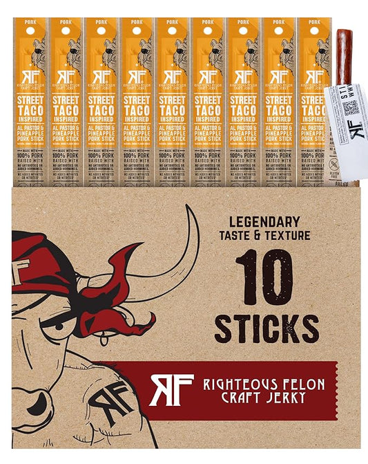 Righteous Felon Meat Sticks | 100% Pork Sticks | Gluten Free & Keto Meat Sticks | Low Sugar & High Protein Pork Sticks | Healthy Snack for Adults | Jerky Gifts for Men | Street Taco, 10 Pack