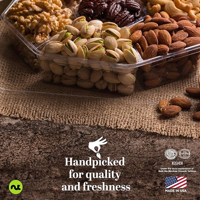 NUT CRAVINGS - Diwali Sweets Hamper Mixed Nuts Gift Basket + Green Ribbon (7 Assortments, 1 LB) Food Arrangement, Healthy Snack Care Package, Food Assortments