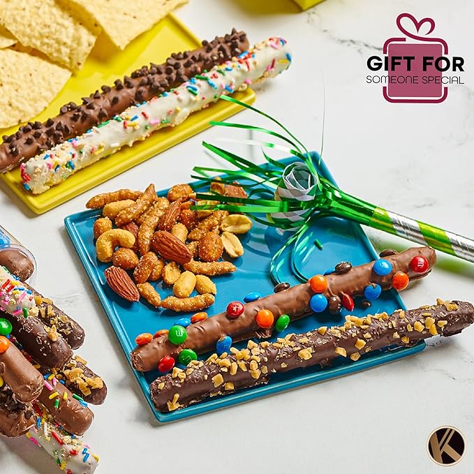 KREMERY Creamy Chocolate Cravings - Diwali Sweets Hamper Chocolate Covered Pretzel Rods Gift Basket, in Clear Tube (8 Pretzels, Assorted Sweet Toppings) Food Arrangement