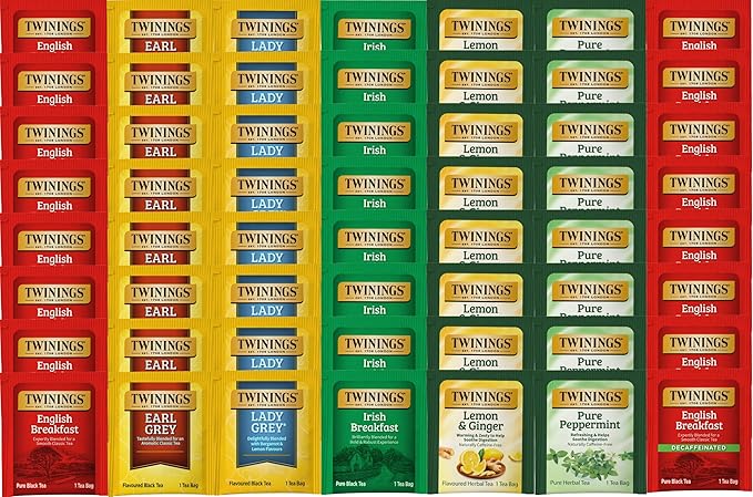 Best of Twinings, 56 Count, 7 Flavor Herbal & Black Tea Bag Variety Sampler, Caffeinated, Decaffeinated, Caffeine- free – Perfect Gourmet Gift Set