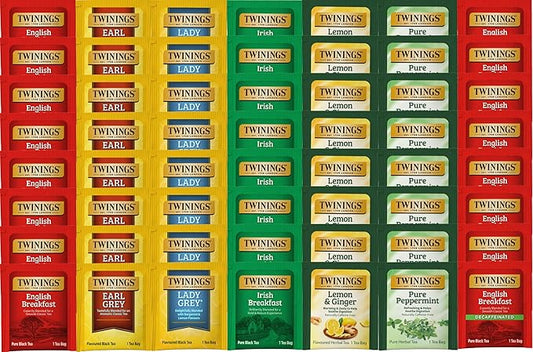 Best of Twinings, 56 Count, 7 Flavor Herbal & Black Tea Bag Variety Sampler, Caffeinated, Decaffeinated, Caffeine- free – Perfect Gourmet Gift Set