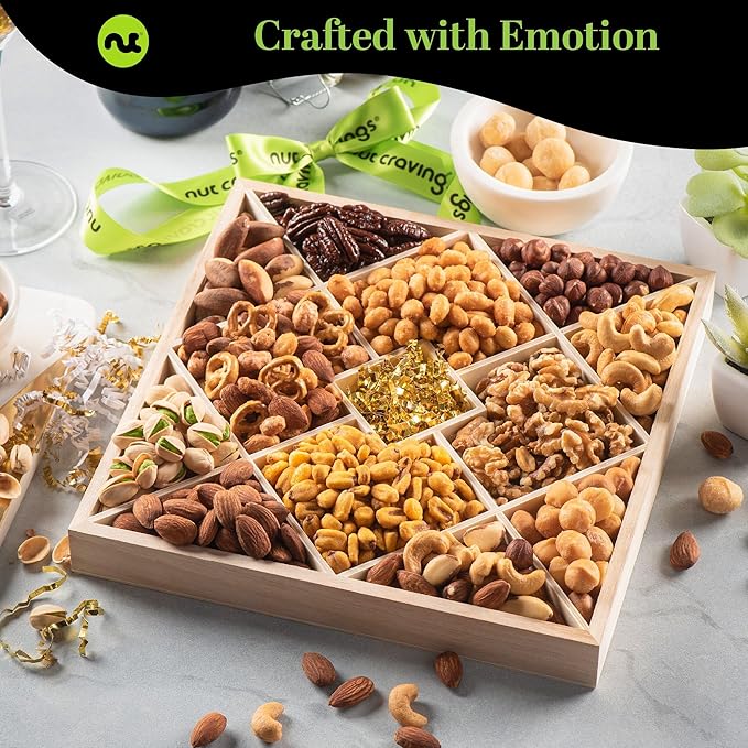 NUT CRAVINGS - Diwali Sweets Hamper Mixed Nuts Gift Basket in Reusable Diamond Wooden Tray + Green Ribbon (12 Assortments) Food Arrangement Healthy Snack Care Package