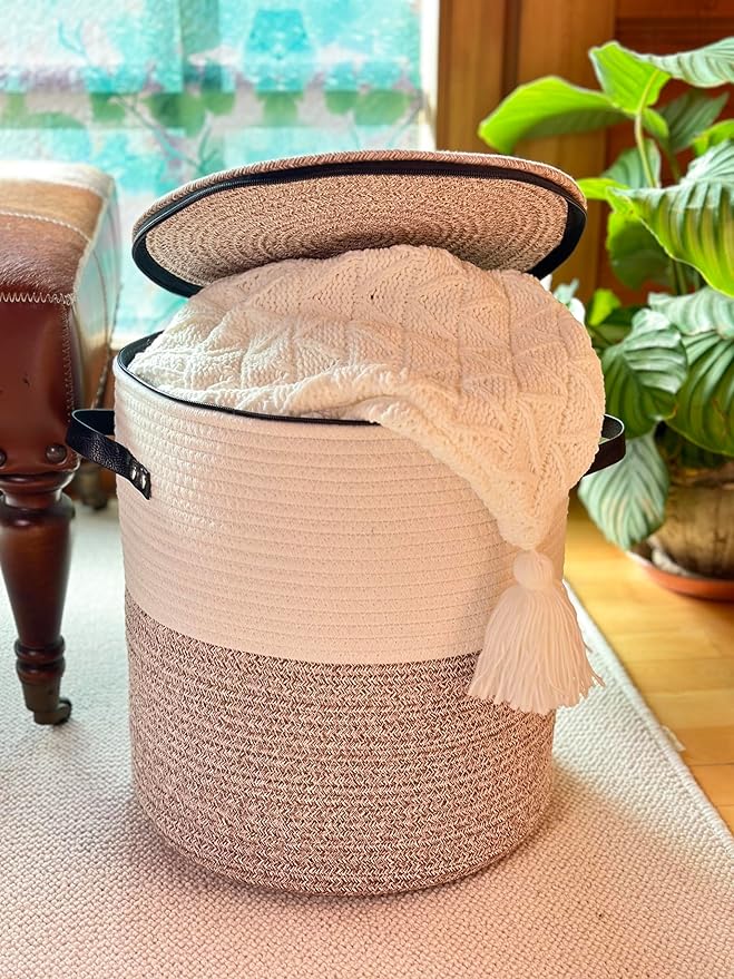 Cotton rope Storage Basket with Zipper cover & Woven baskets with Lid easy to move Multi-Purpose Storage Basket for Living Room, 13 x14 inches(Brown+White)
