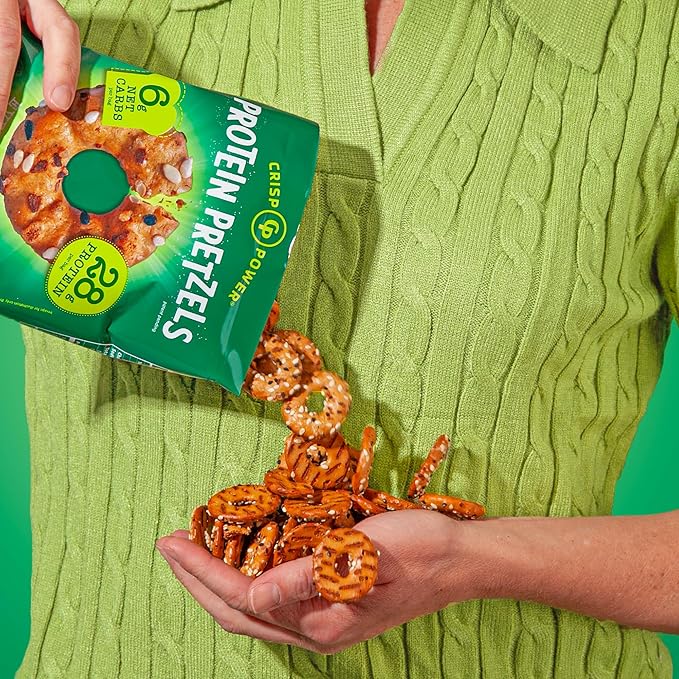 Crisp Power Protein Pretzels, Everything, High Protein Vegan Keto Snack, 28 G Plant Based Protein, Low Carb Crunchy Pretzel Snacks, Sugar Free, No Seed Oils, 1.75 oz Bags, 6 Pack